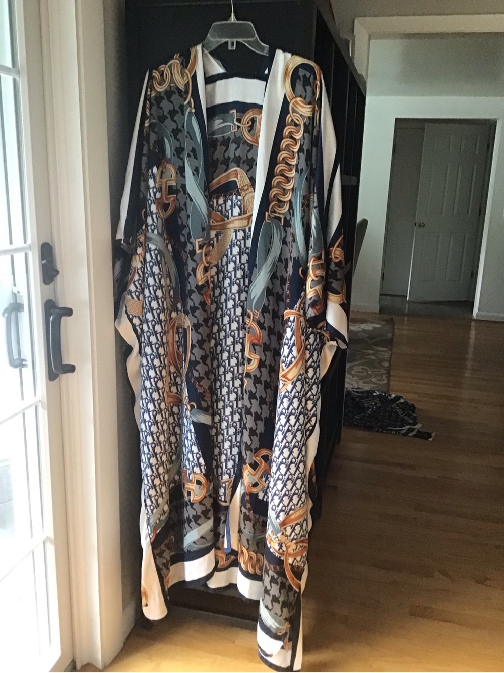 Navy and Cream Printed Maxi Kaftan Dress with Gold Chain Motif